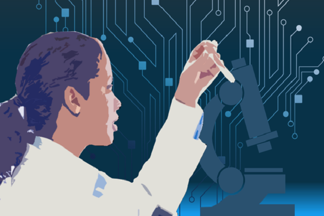 Image of lab tech looking through microscope